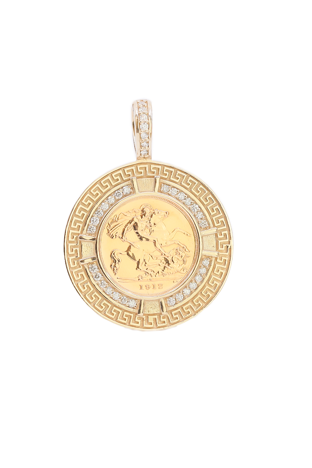 Half Sovereign Pendant with Greek Key Frame / .50ct Diamonds