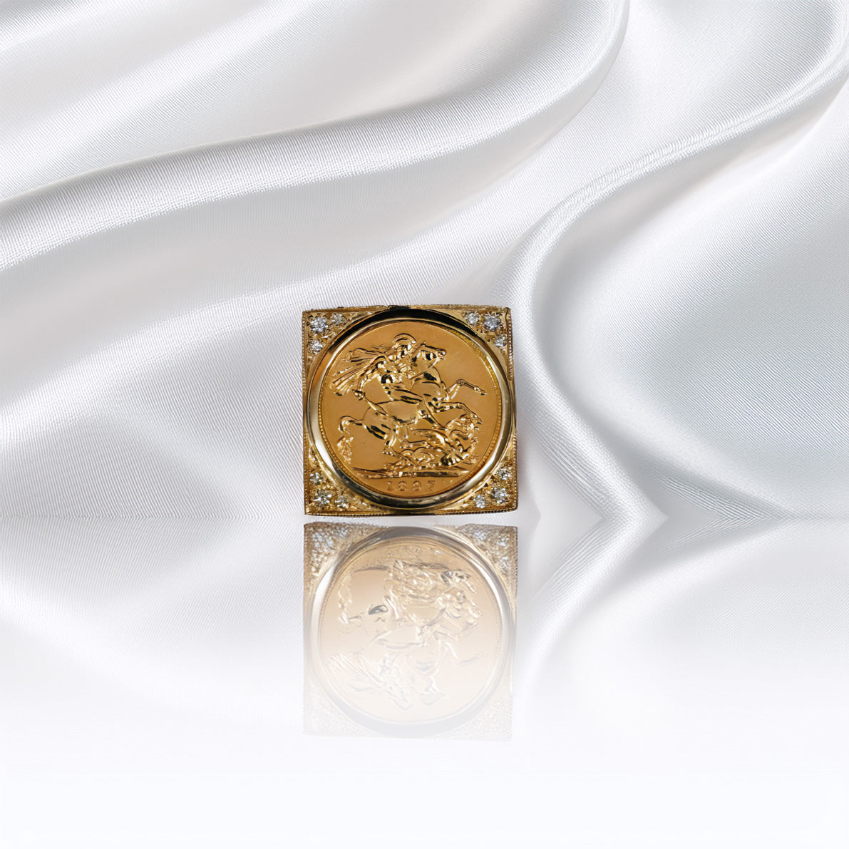 9ct Gold and Diamond Square Mount Half Sovereign Ring