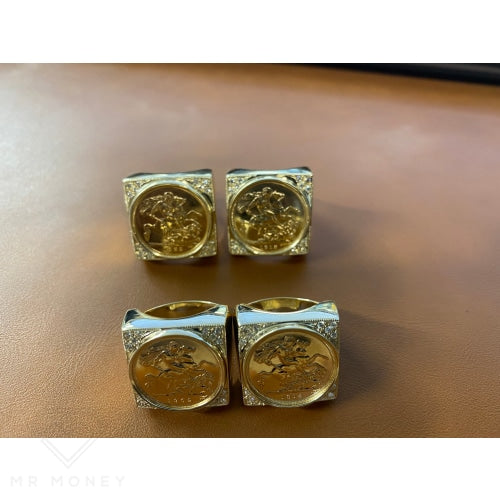 9Ct Gold And Diamond Square Mount Full Sovereign Ring Rings