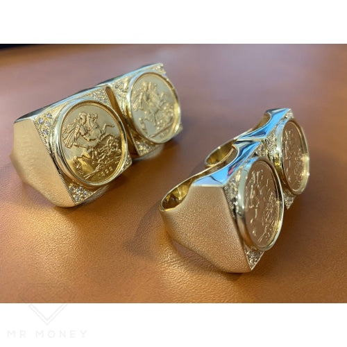 9Ct Gold And Diamond Square Mount Full Sovereign Ring Rings