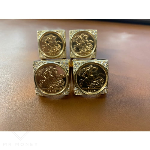 9Ct Gold And Diamond Square Mount Full Sovereign Ring Rings