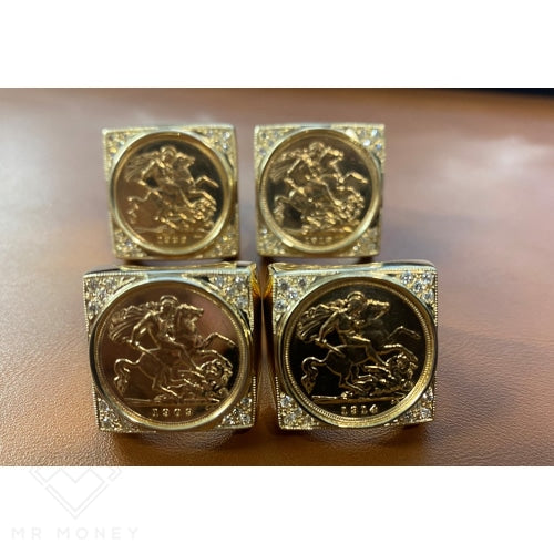 9Ct Gold And Diamond Square Mount Full Sovereign Ring Rings