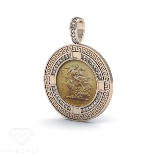 9Ct Gold Full Sovereign Diamond Greek Key Frame Pendant Pendant