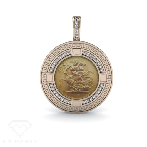 9Ct Gold Full Sovereign Diamond Greek Key Frame Pendant Pendant