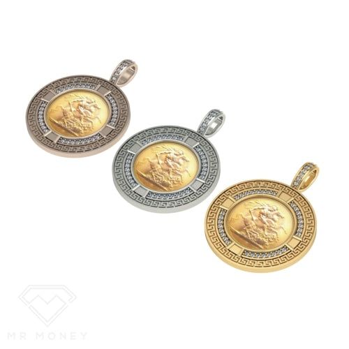 9Ct Gold Full Sovereign Diamond Greek Key Frame Pendant Pendant