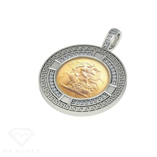 9Ct Gold Full Sovereign Diamond Greek Key Frame Pendant Pendant