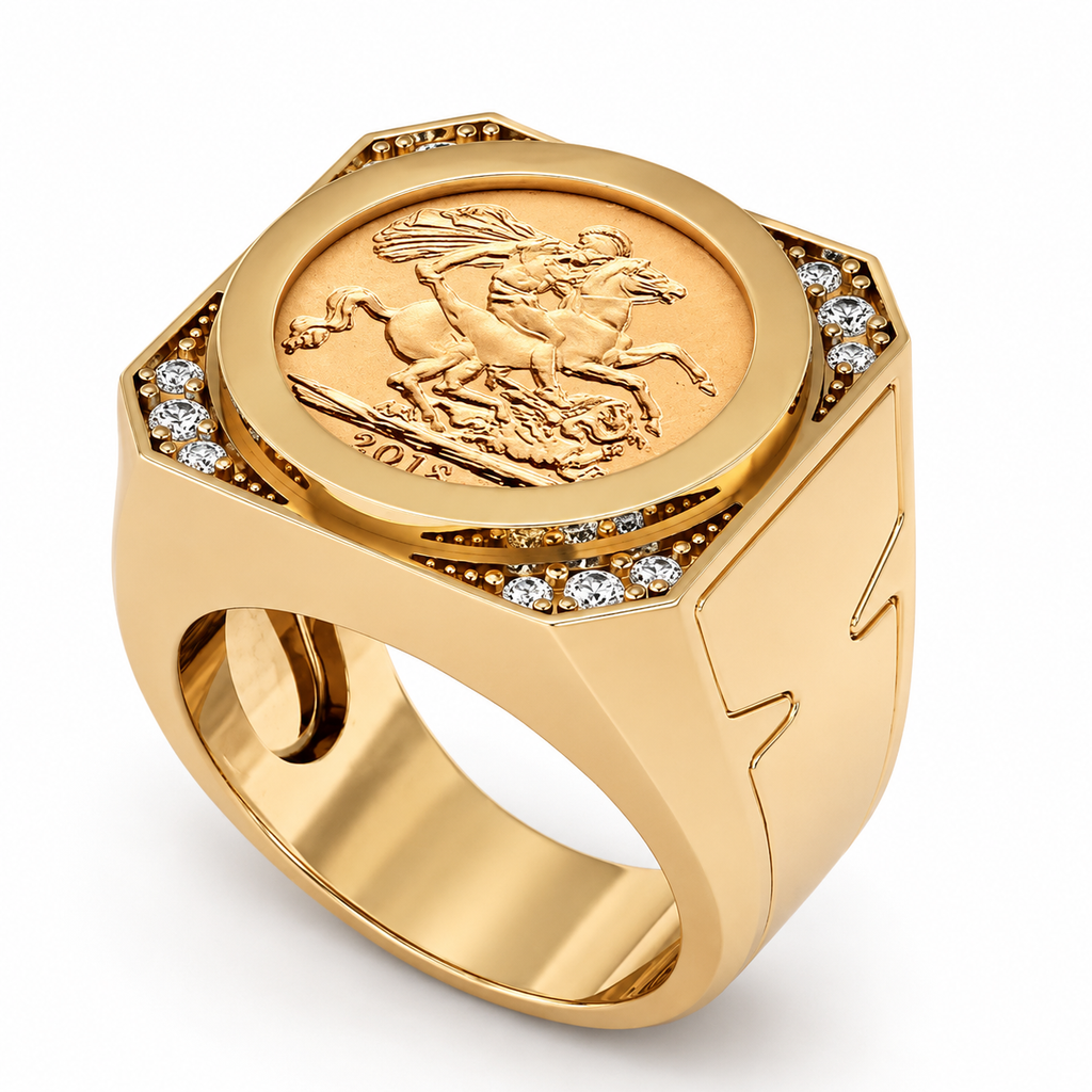 Close-up of 007 full sovereign gold diamond ring with SI2 diamonds