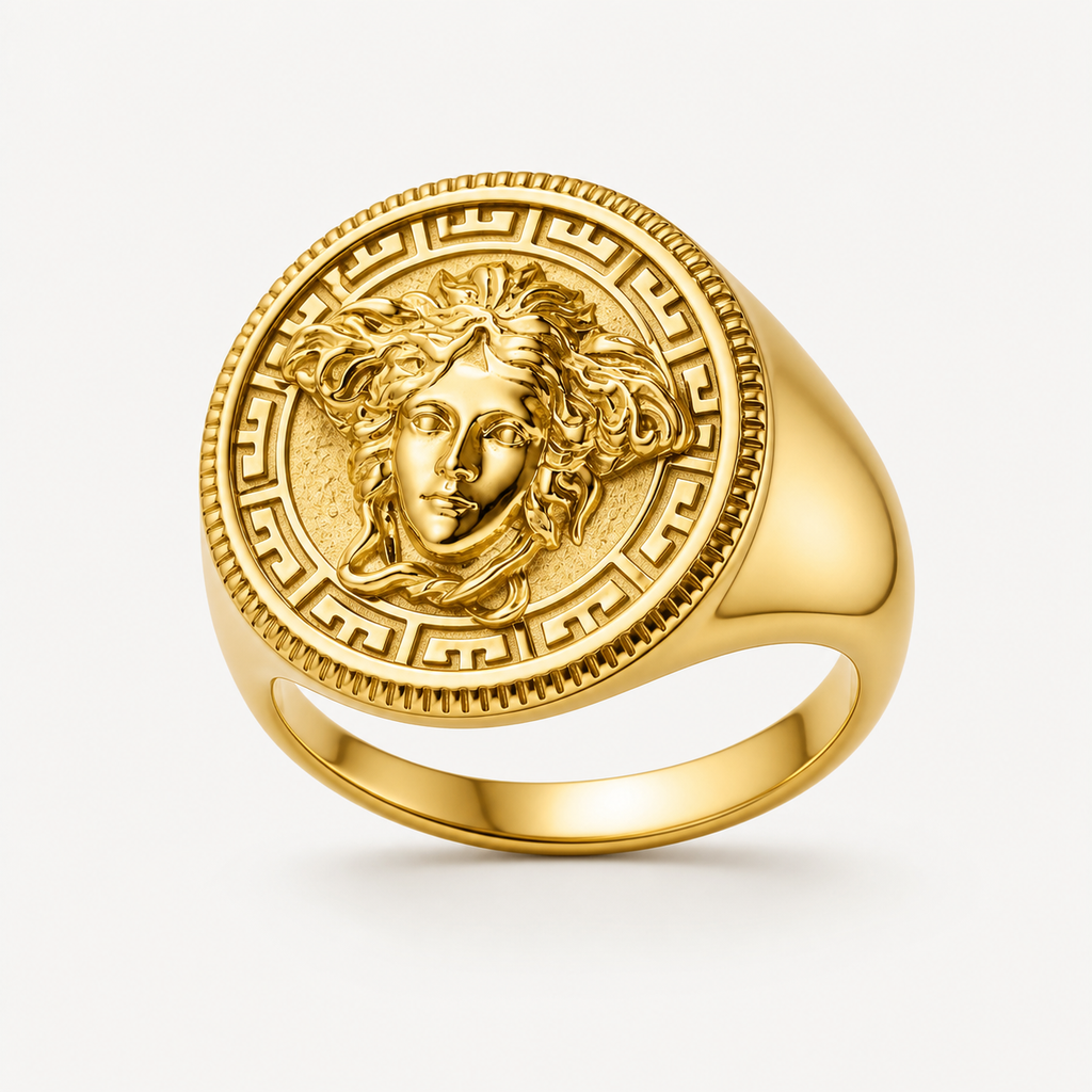 Professional studio product photo of 9ct Gold Mythology Medusa Ring on white background