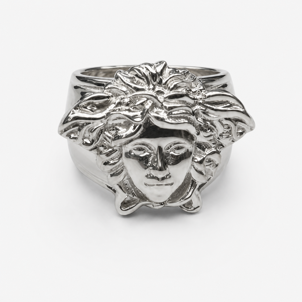 Professional studio product photo of Sterling Silver Mythology Medusa Head Ring on white background