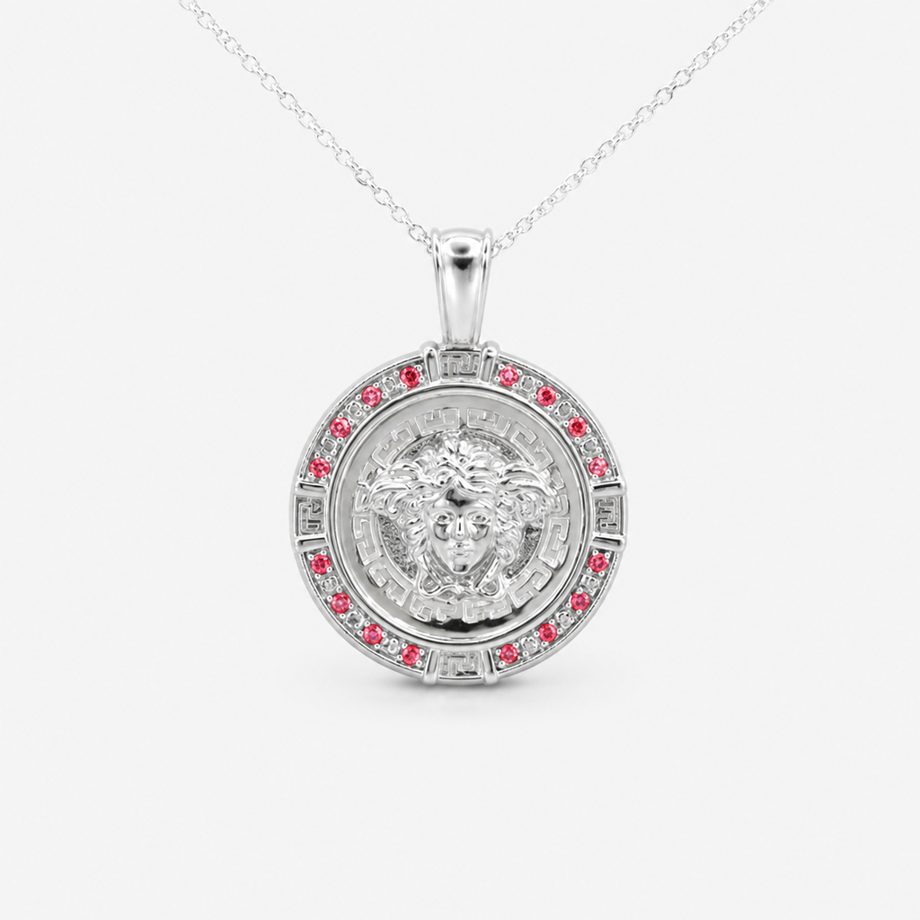 Professional studio product photo of Sterling Silver Red CZ Frame Mythology Medusa Pendant + Chain (combo) on white background
