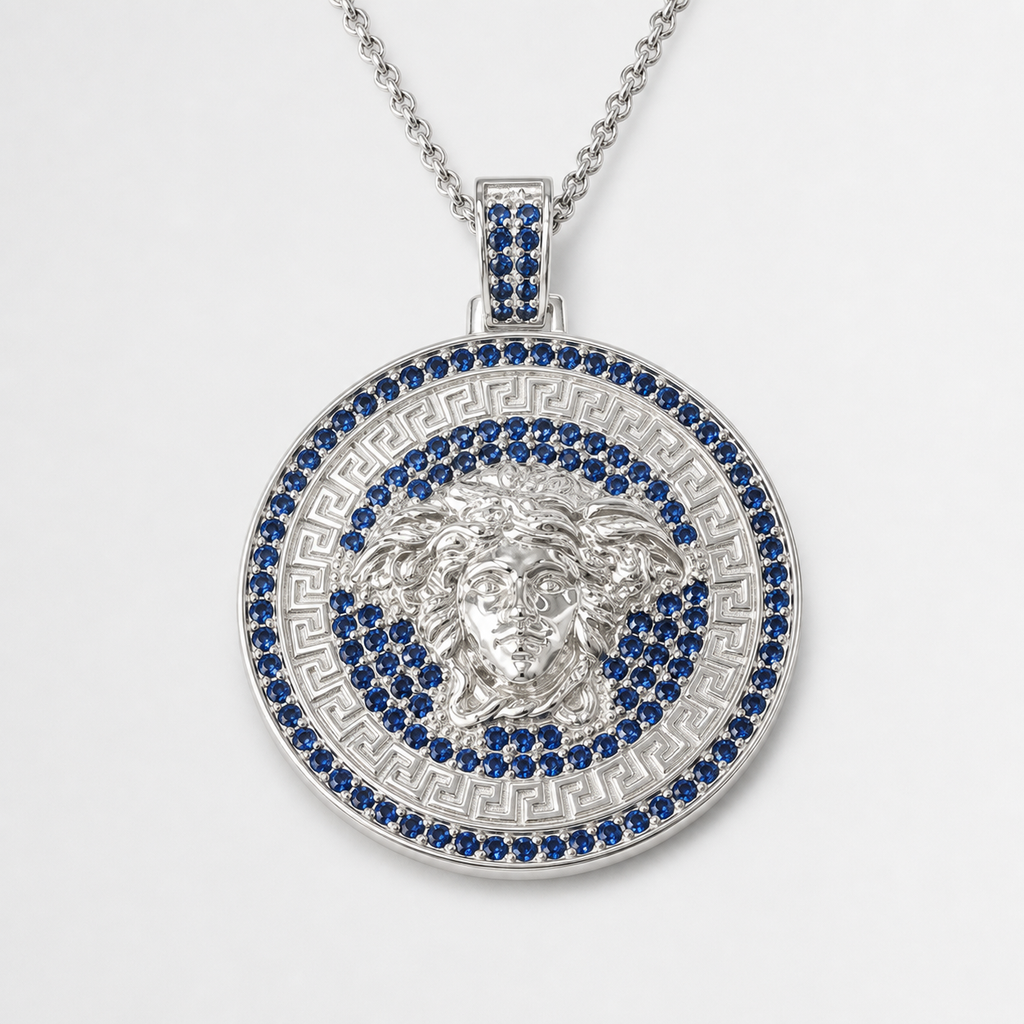 Professional studio product photo of Blue CZ Mythology Medusa (large) Pendant & Chain Blue on white background