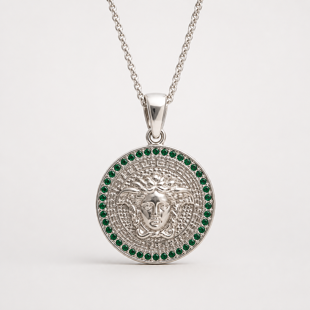 Professional studio product photo of Green CZ Mythology Medusa (large) Pendant & Chain on white background