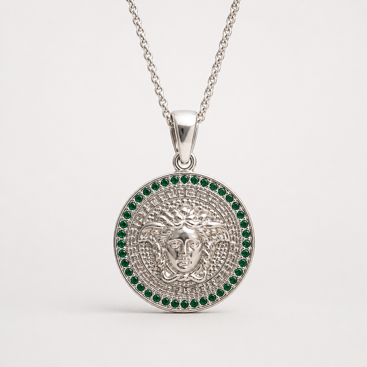 Professional studio product photo of Green CZ Mythology Medusa (large) Pendant & Chain on white background