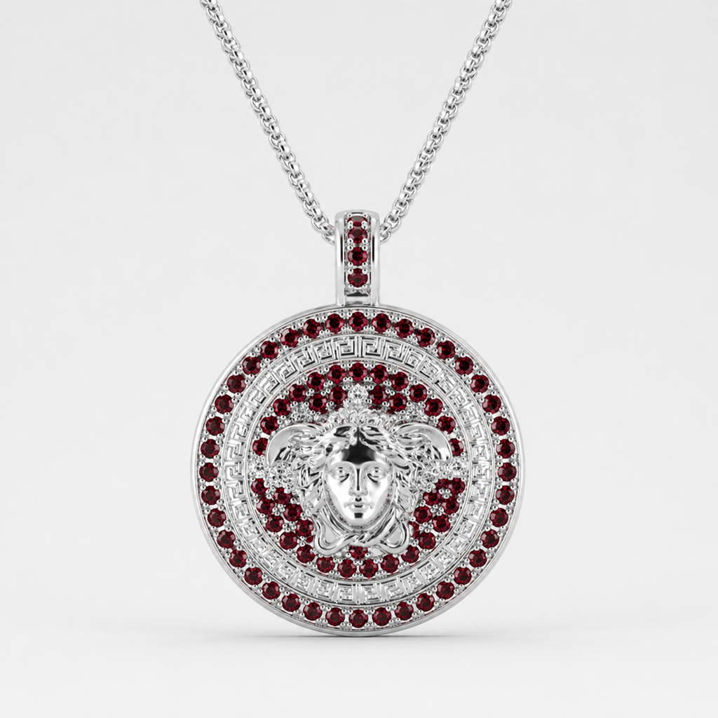 Professional studio product photo of Red CZ Mythology Medusa (large) Pendant & Chain on white background