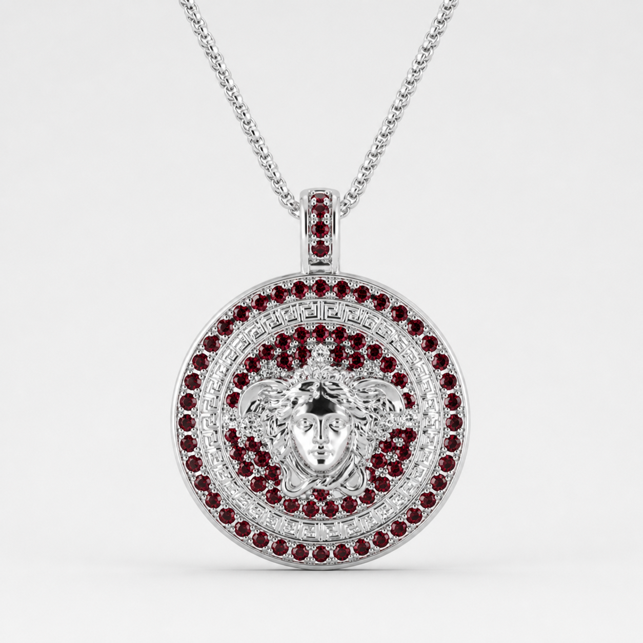 Professional studio product photo of Red CZ Mythology Medusa (large) Pendant & Chain on white background