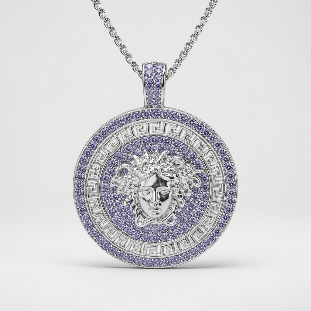 Professional studio product photo of Purple CZ Mythology Medusa (large) Pendant & Chain on white background