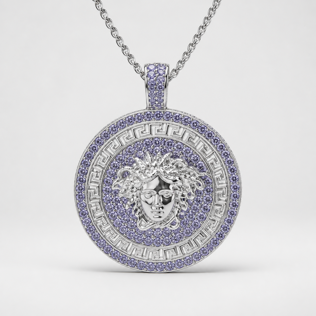 Professional studio product photo of Purple CZ Mythology Medusa (large) Pendant & Chain on white background
