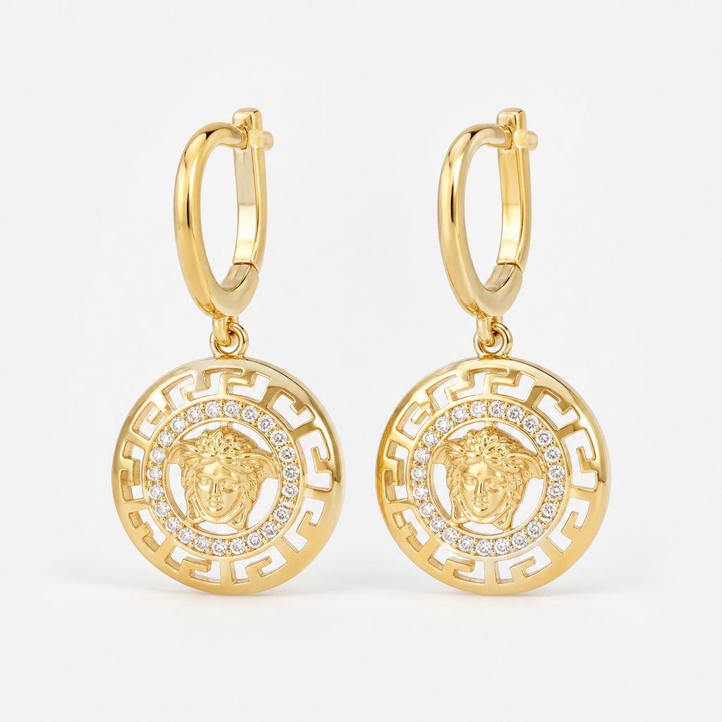 Professional studio product photo of 9ct Gold Mythology Medusa Diamond Drop Gold Earrings .72ct Diamond on white background