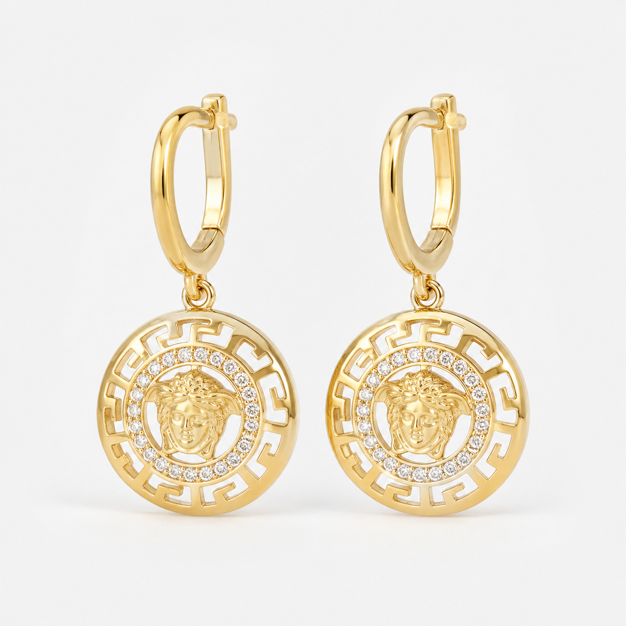 Professional studio product photo of 9ct Gold Mythology Medusa Diamond Drop Gold Earrings .72ct Diamond on white background