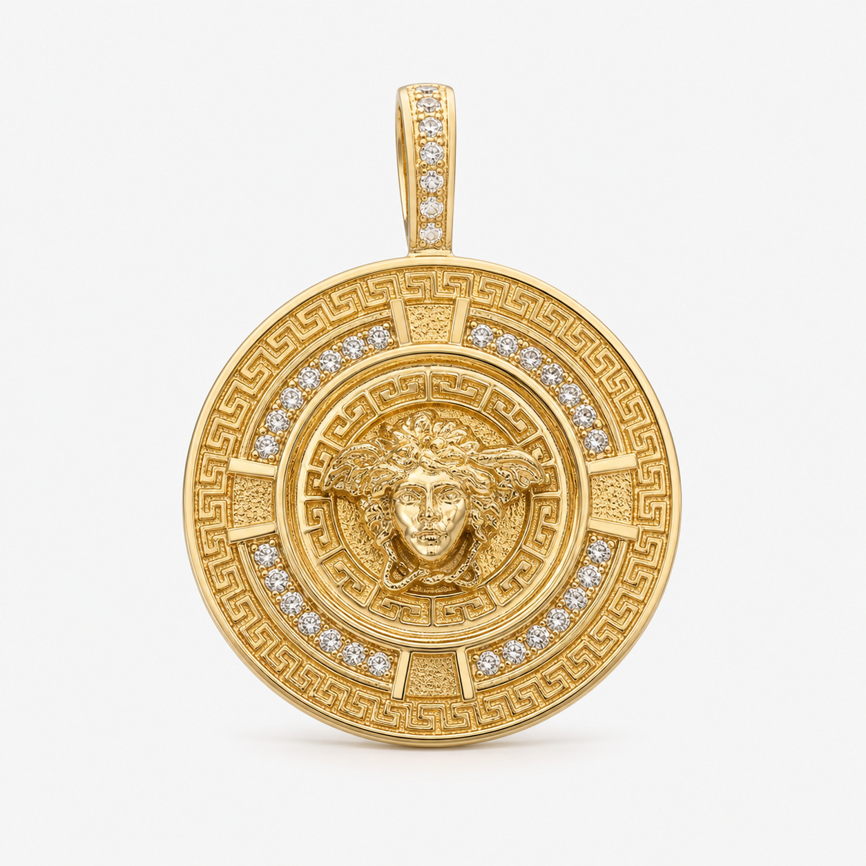 Professional studio product photo of Mythology Medusa Diamond Pendant With Greek Key Boarder on white background