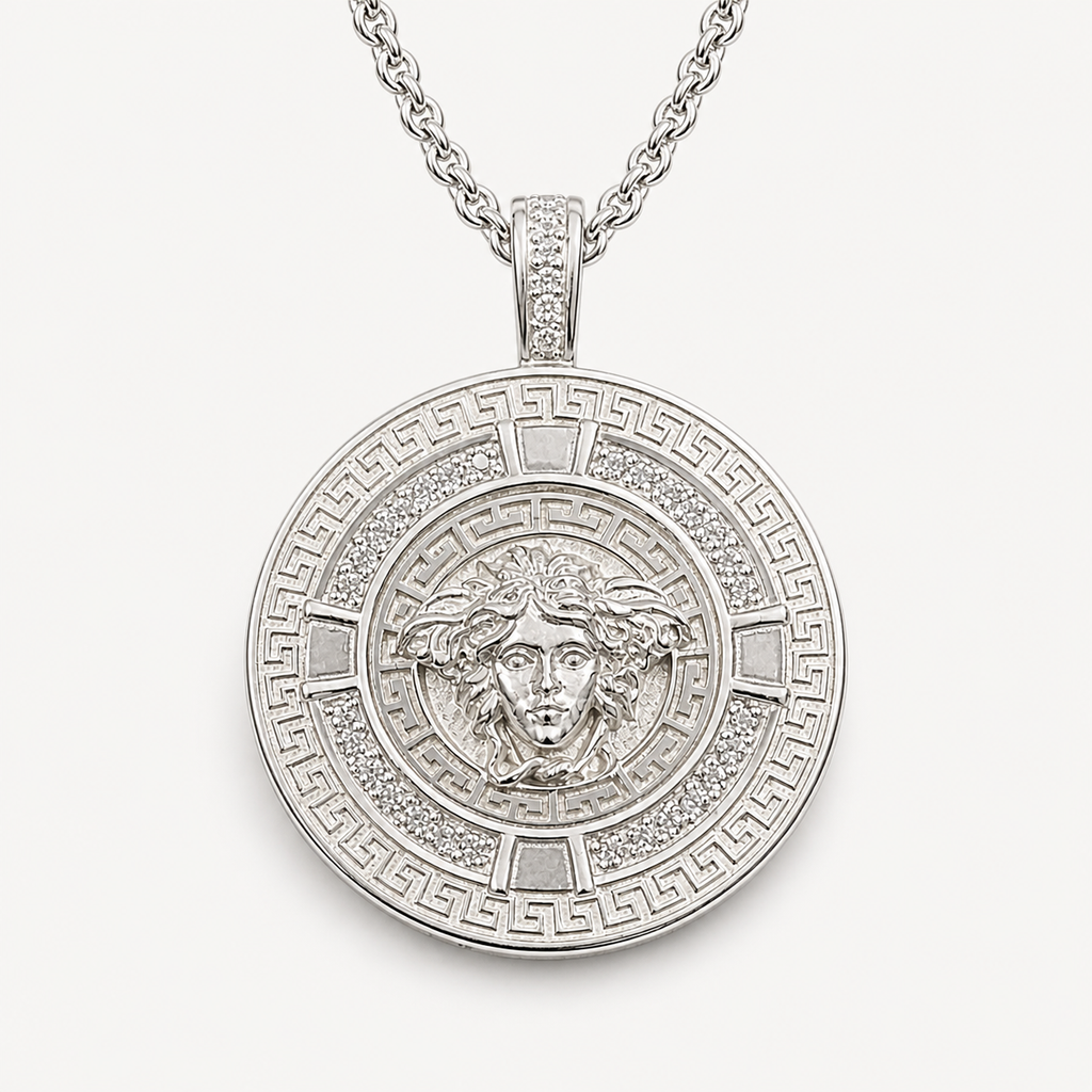 Professional studio product photo of Greek Key Mythology Medusa Big Pendant White CZ Stones + Sterling Silver Chain on white background