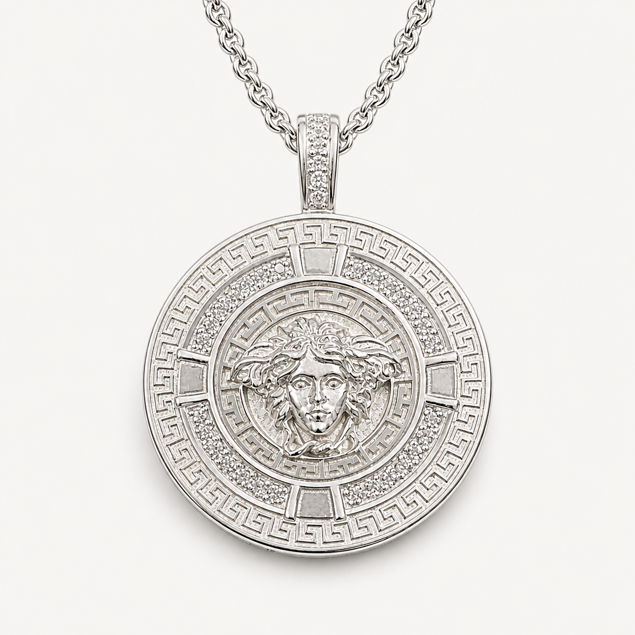 Professional studio product photo of Greek Key Mythology Medusa Big Pendant White CZ Stones + Sterling Silver Chain on white background