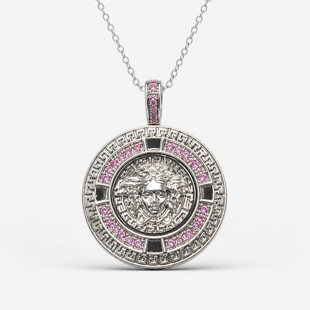 Professional studio product photo of Greek Key Mythology Medusa Pendant Pink CZ Stones + Sterling Silver Chain on white background