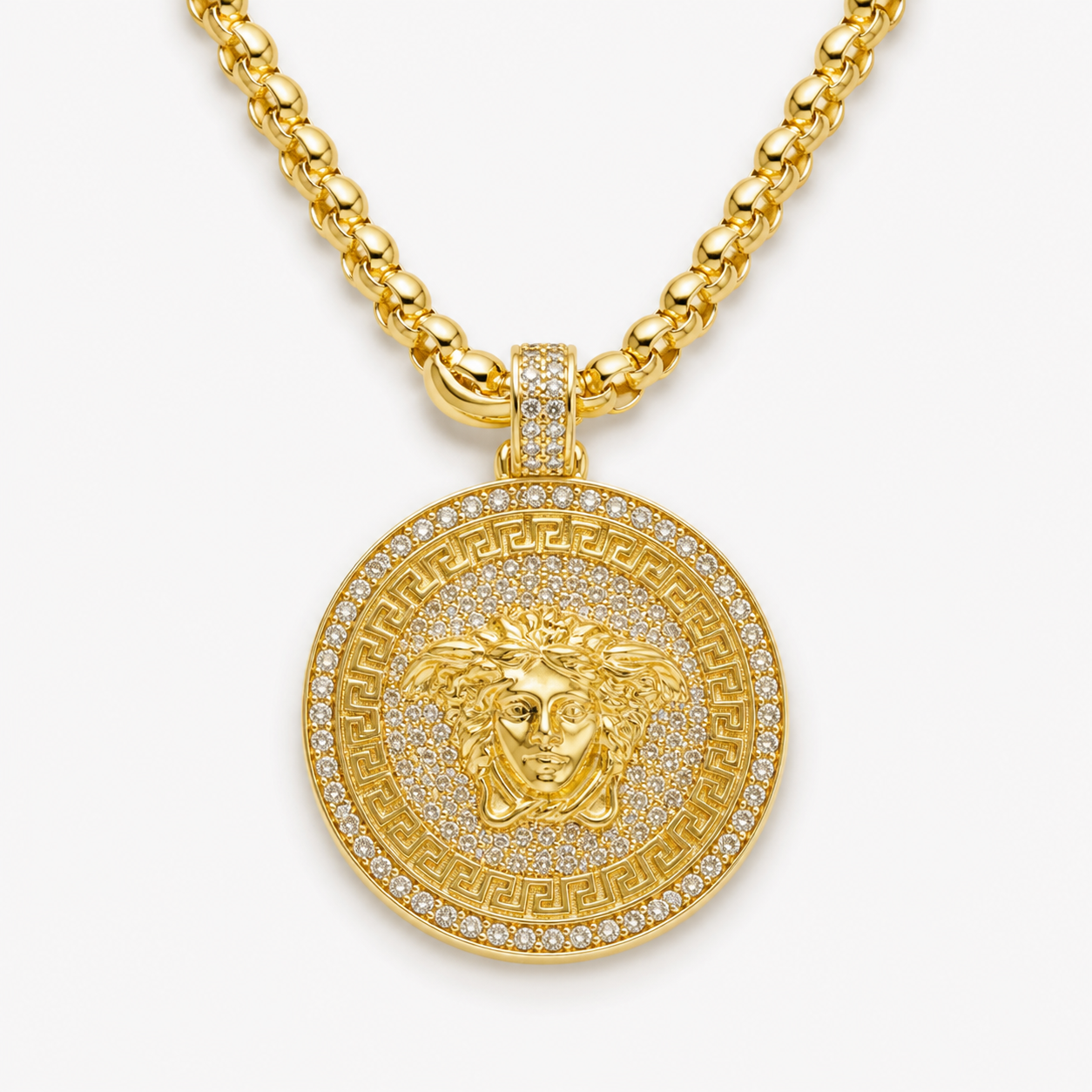 Professional studio product photo of 9ct Gold Mythology Medusa Pendant with Diamonds + Gold Belcher Chain on white background
