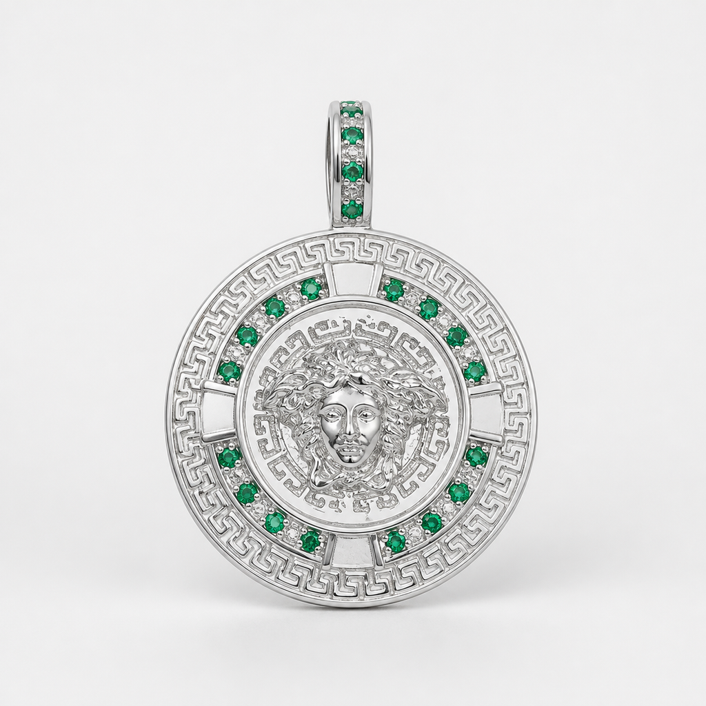 Professional studio product photo of Greek Key Mythology Medusa Big Pendant Green CZ Stones + Sterling Silver Chain on white background