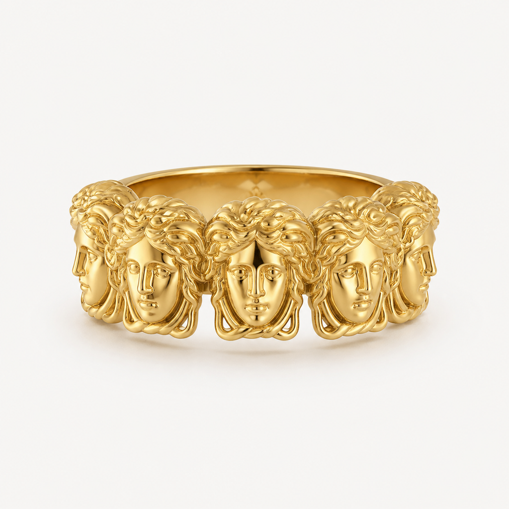 Professional studio product photo of Multi Mythology Medusa Head Ring on white background