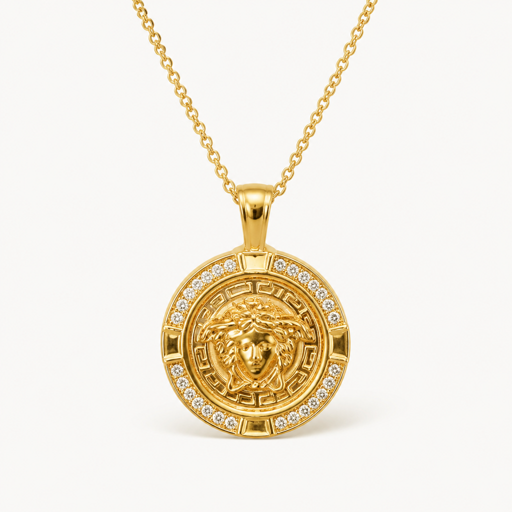 Professional studio product photo of 9ct Mythology Medusa With Diamonds Plus Chain on white background
