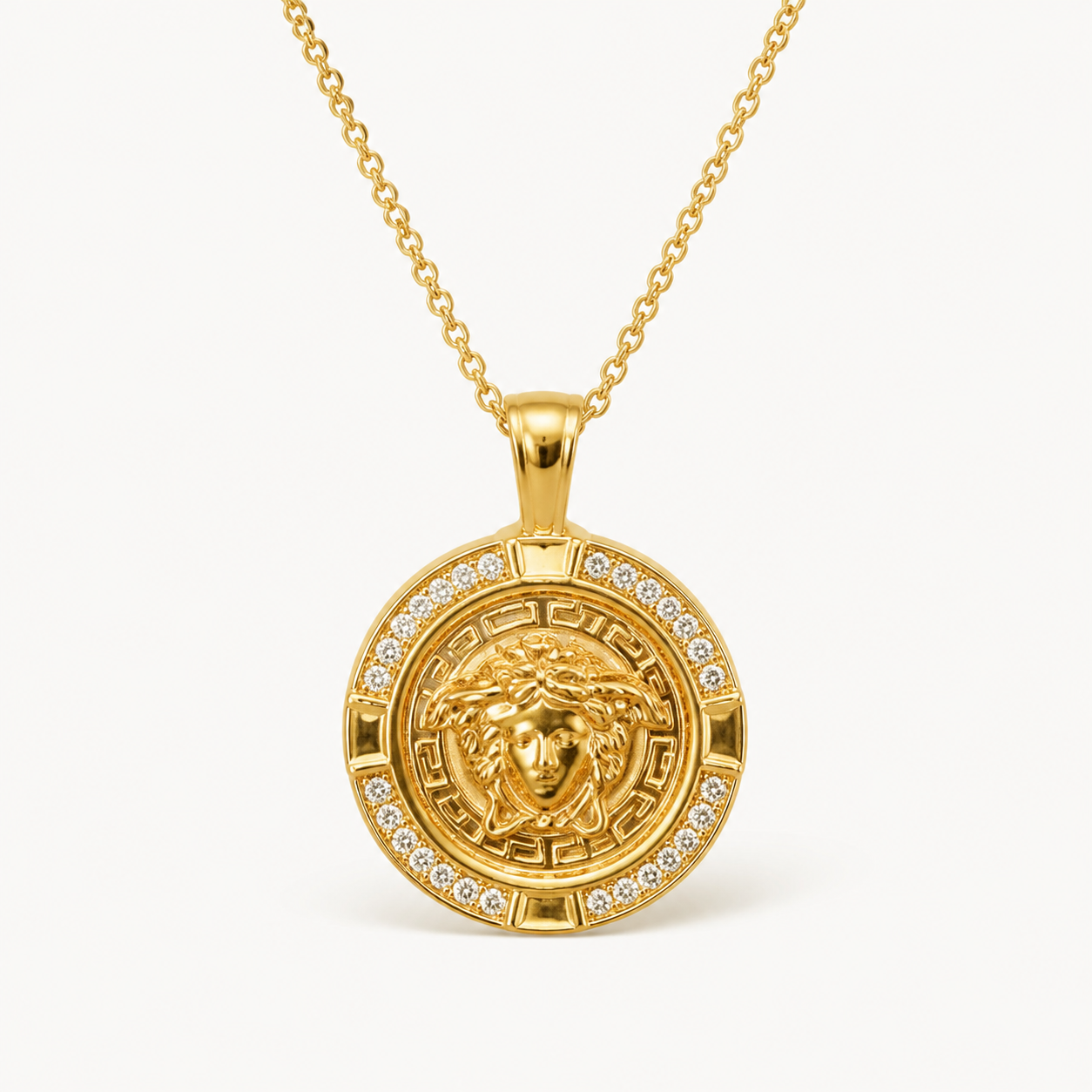 Professional studio product photo of 9ct Mythology Medusa With Diamonds Plus Chain on white background