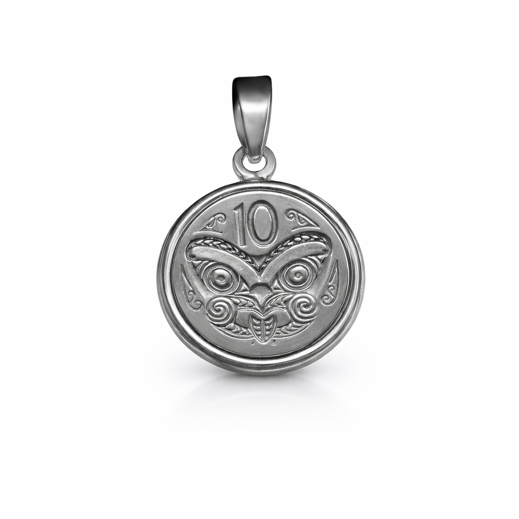 Sterling Silver NZ Taniwha 10c Coin Pendant + Chain Combo