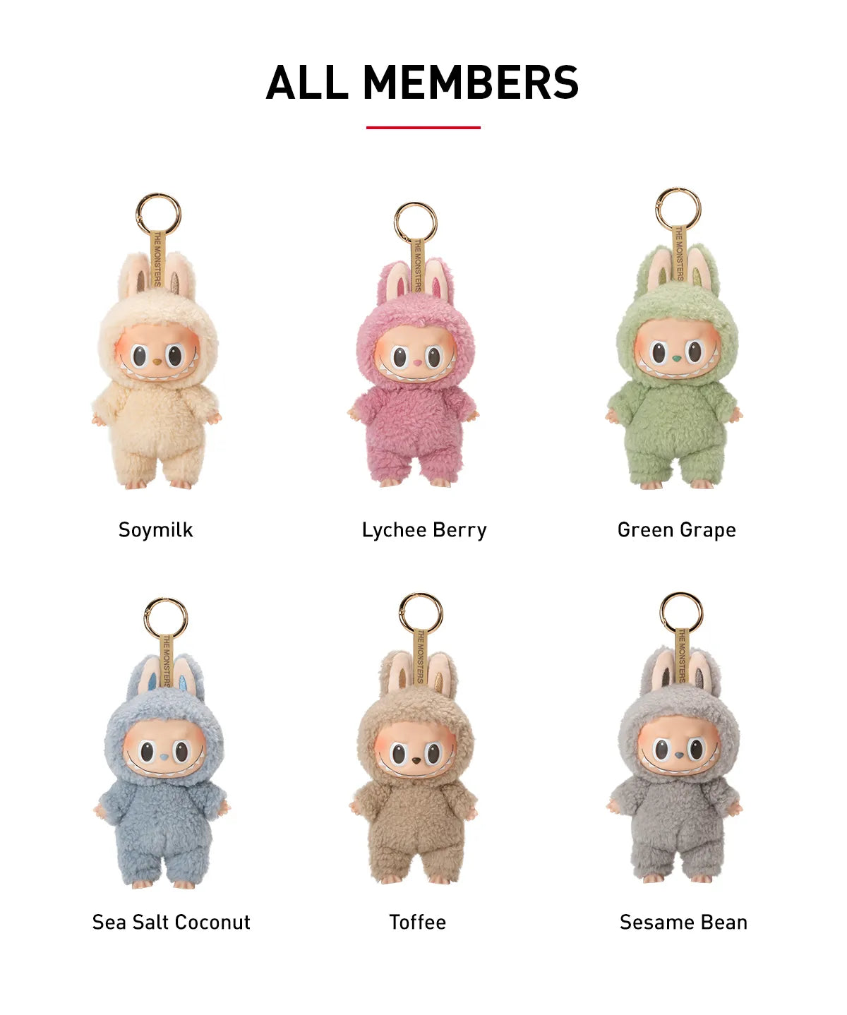 Set of plush keychains in various colors with labels below each.