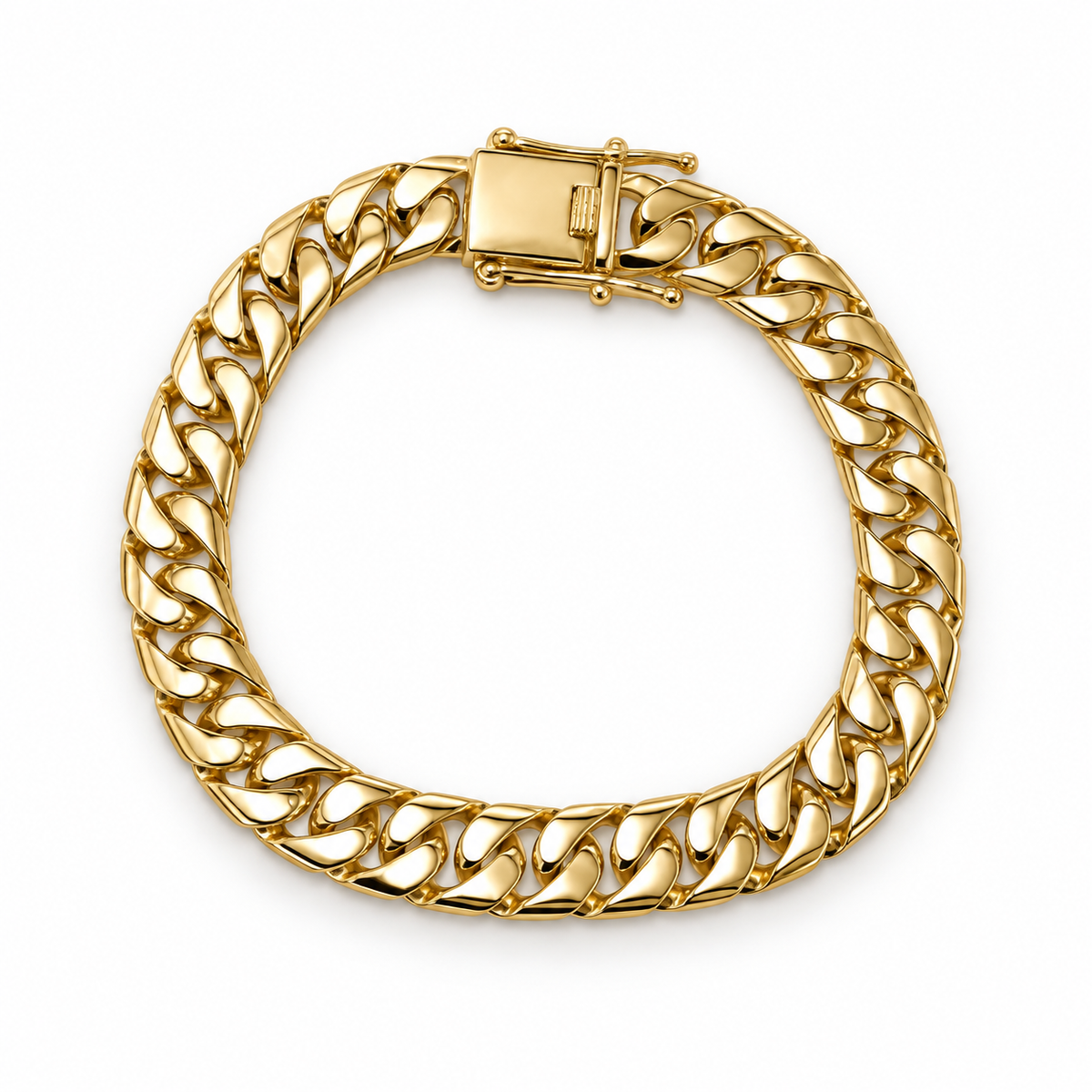 A thick gold Cuban link chain bracelet with a polished clasp, shown on a clean white background.