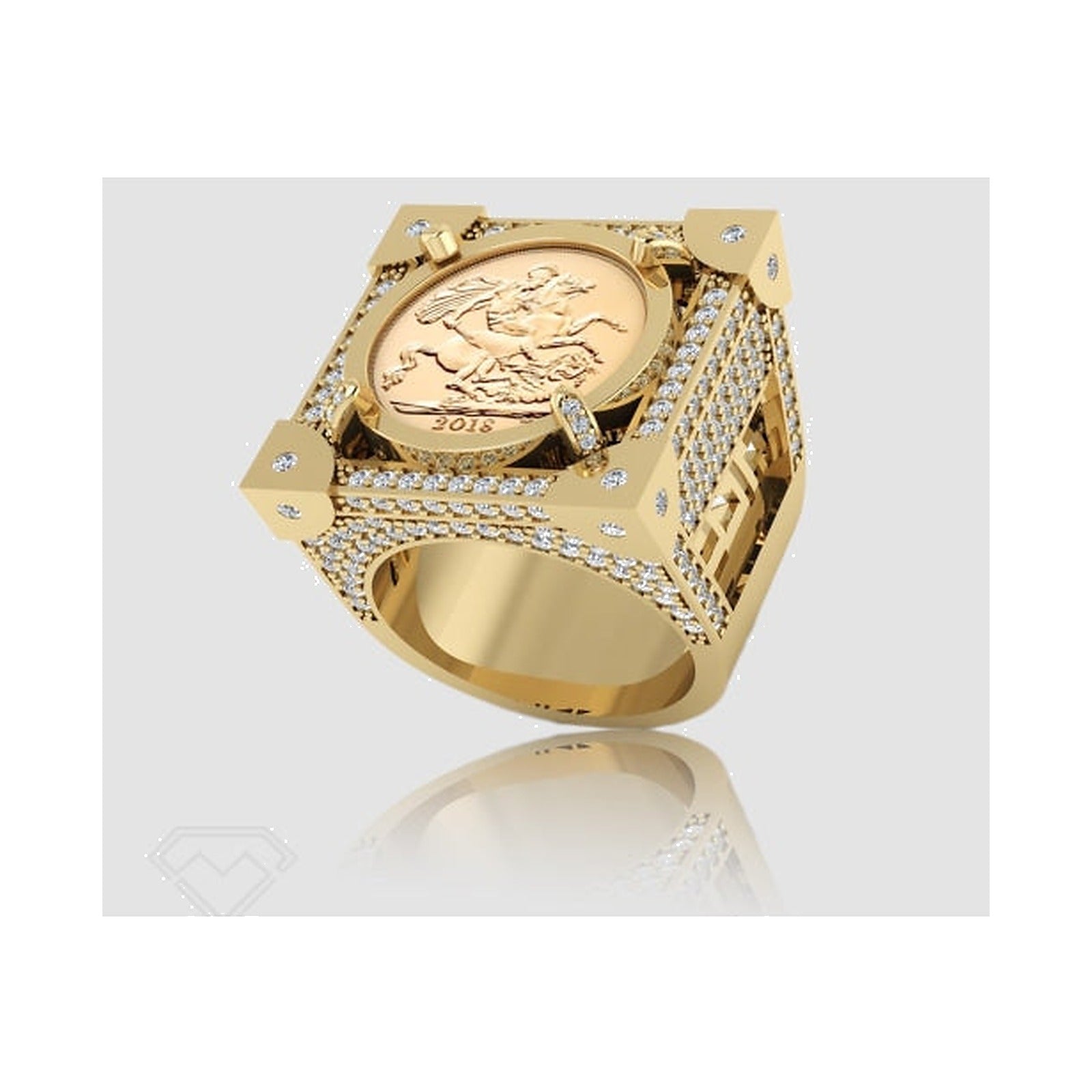 Limited Edition 9ct Gold Diamond Full Sovereign Boss Ring 1/20 - jewellery product photo on white background