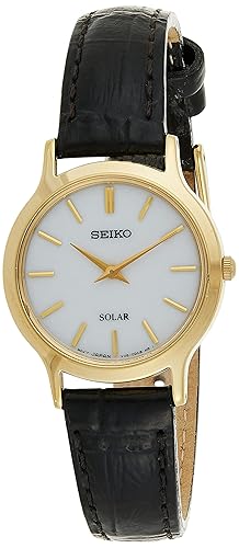 Seiko gold-tone Solar men's watch SUP872P1 with white dial and black leather strap