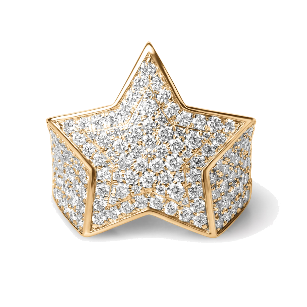 9ct gold iced out star diamond ring on white background