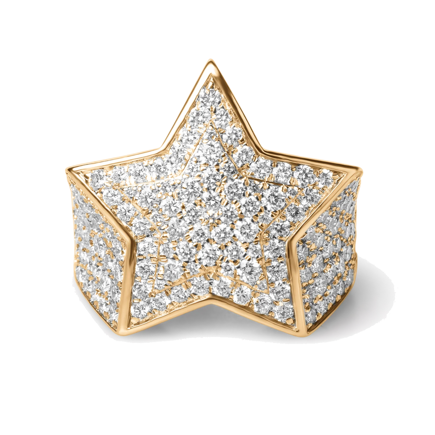 9ct gold iced out star diamond ring on white background