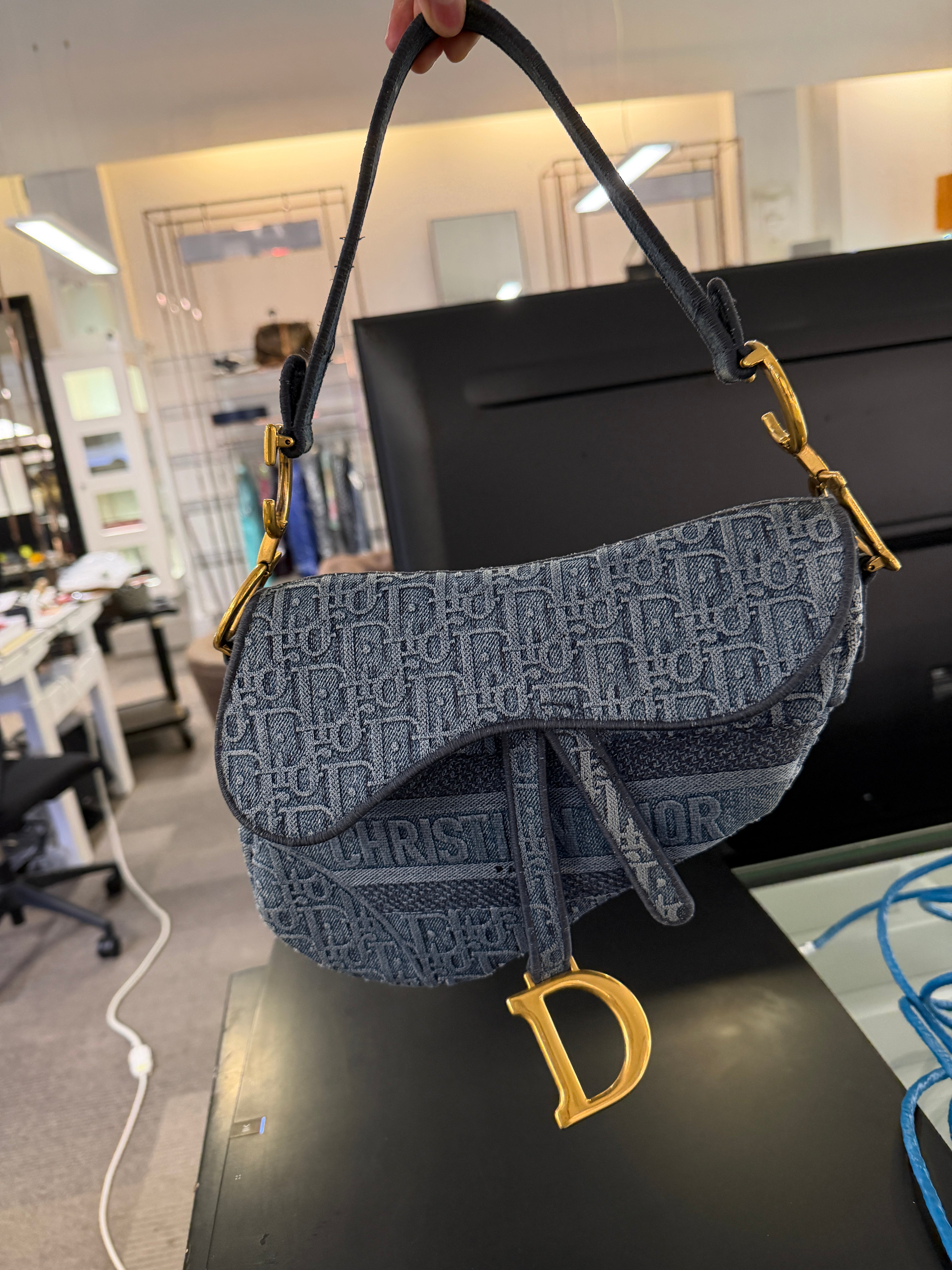Christian Dior Saddle Bag Blue Oblique Canvas Gold Hardware