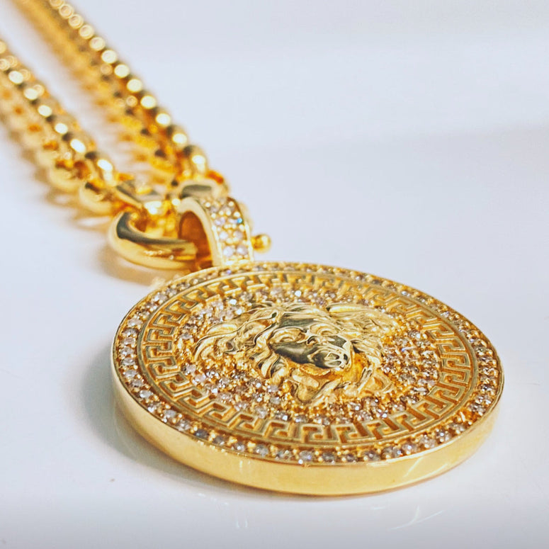 9ct Gold Medusa Pendant with Diamonds + Gold Belcher Chain