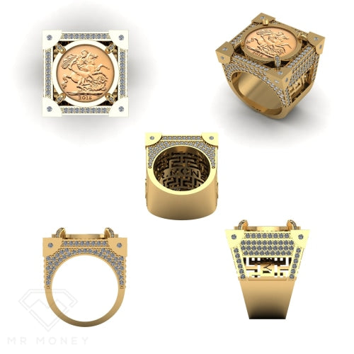 Limited Edition 9Ct Gold Diamond Full Sovereign Boss Ring 1/20 Rings