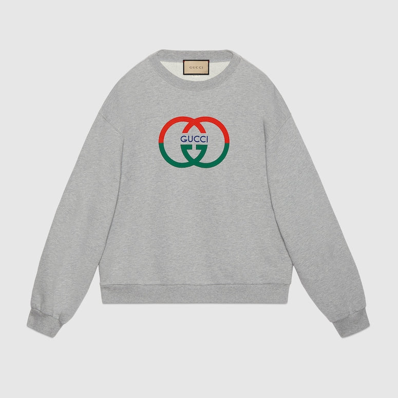 Gucci Cotton jersey printed sweatshirt Grey green/red