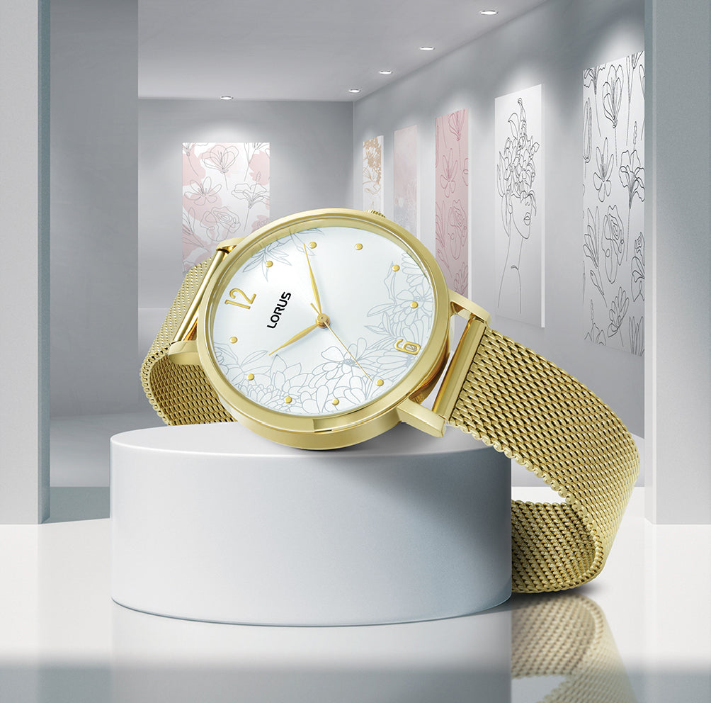 Lorus Ladies Gold Mesh Watch – RG292TX9 Floral Dial