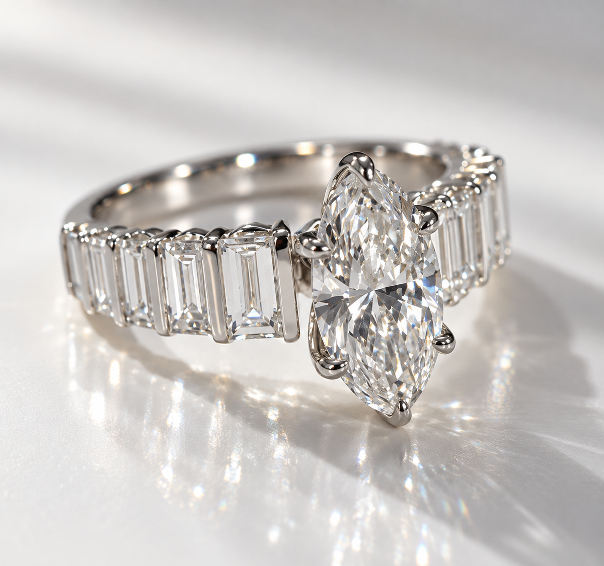 9ct Gold Marquise Diamond Ring with Baguette Diamond Accents
