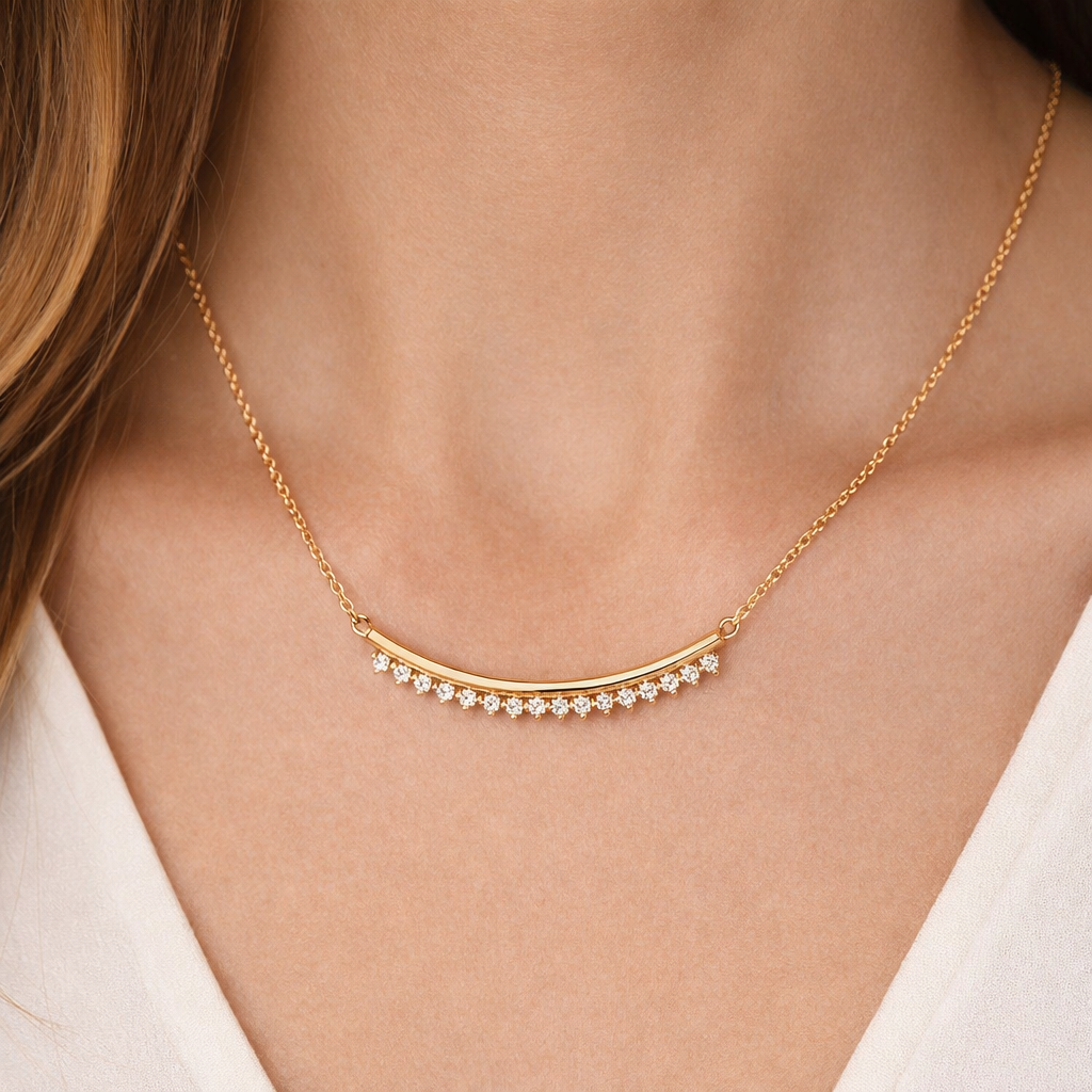 Ellani Yellow Gold Plated CZ Curved Bar Necklace