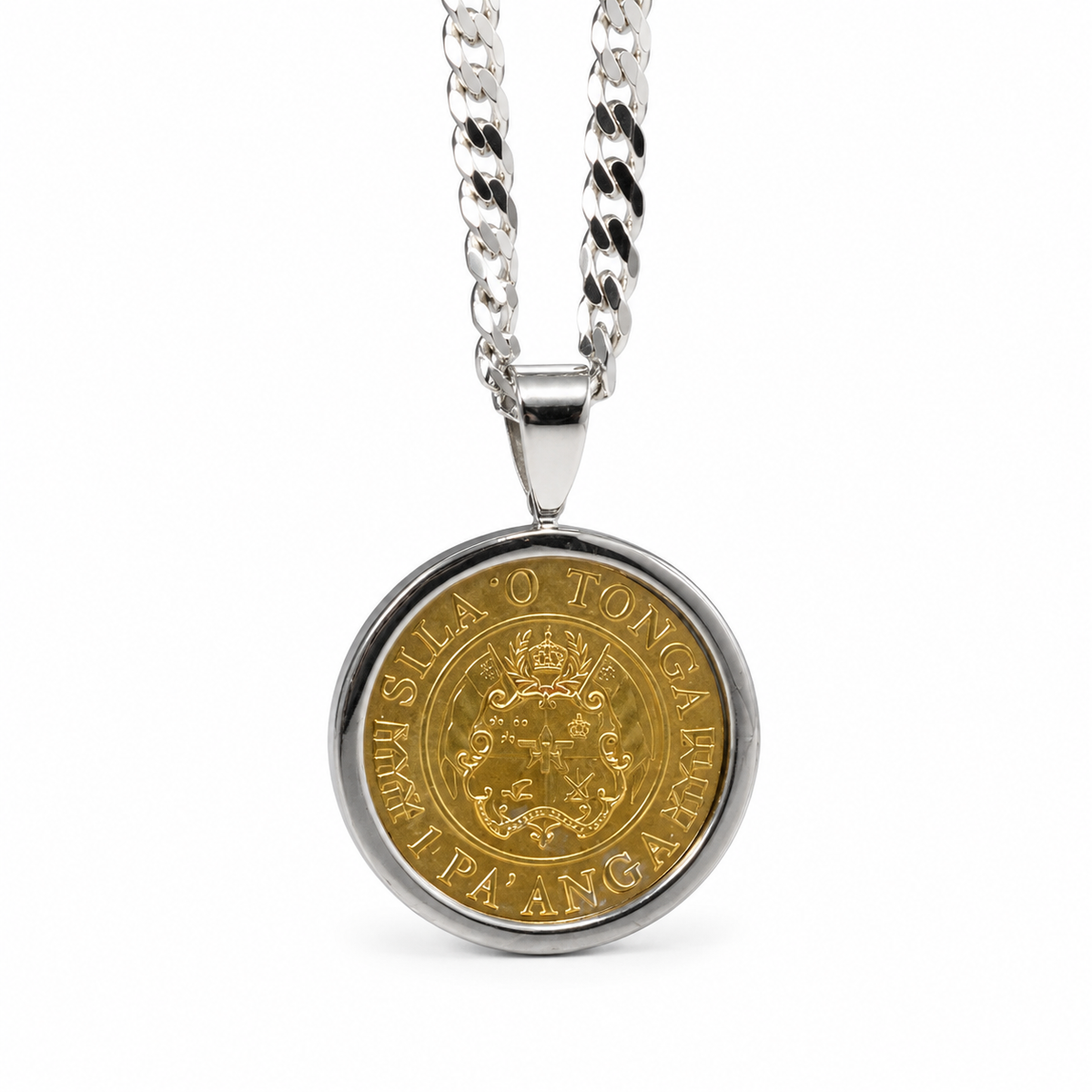 Sterling Silver Tongan Shield Coin Pendant + Chain Combo