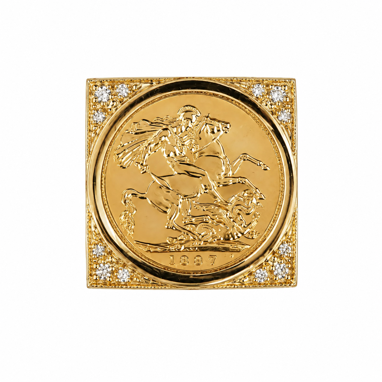 9ct Gold and Diamond Square Mount Half Sovereign Ring
