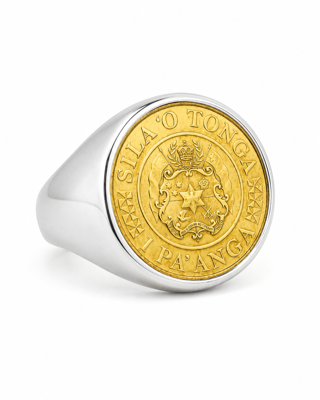 Sterling Silver Tongan Shield Coin Ring with 1 Paanga gold plated coin