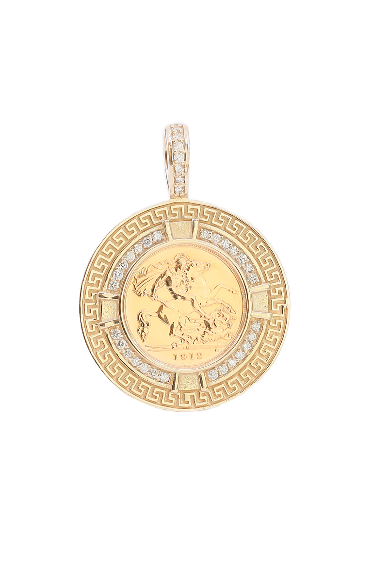 Half Sovereign Pendant with Greek Key Frame / .50ct Diamonds